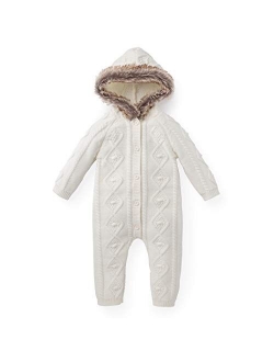 Layette Cable Sweater Romper with Faux Fur Hood