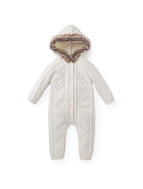 Hope & Henry Layette Cable Sweater Romper with Faux Fur Hood