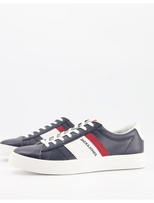 Jack & Jones faux leather sneakers with stripe logo in navy