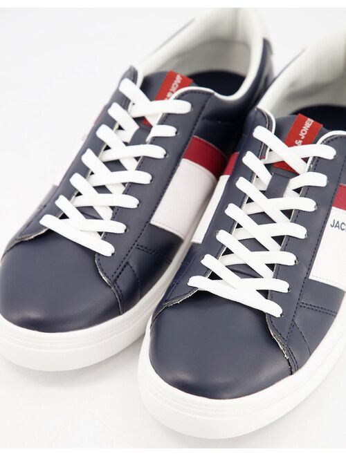 Jack & Jones faux leather sneakers with stripe logo in navy