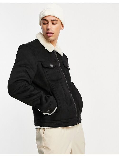 River Island borg lined jacket in black & ecru