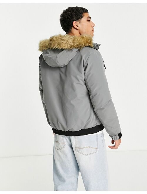 Jack & Jones Originals short parka with faux fur hood in gray