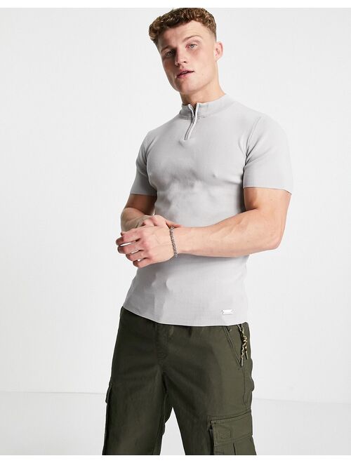 River Island zip neck t-shirt in gray