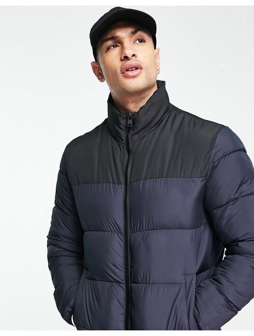 Jack & Jones Originals stand collar puffer in navy color block