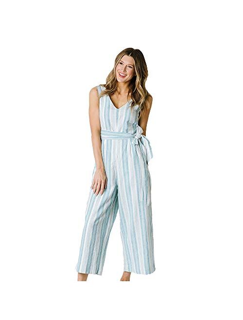 Hope & Henry Women's Woven Sleeveless Tie-Waist Jumpsuit with Wide Leg