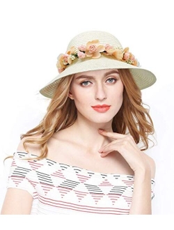 Lovful Fashion Flower Lace Ribbon Wide Brim Caps Summer Beach Sun Protective Hat Straw Hats for Women