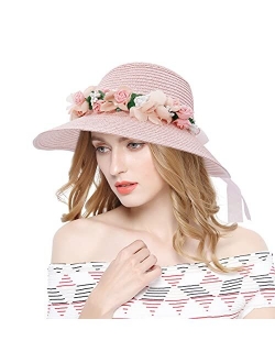 Lovful Fashion Flower Lace Ribbon Wide Brim Caps Summer Beach Sun Protective Hat Straw Hats for Women