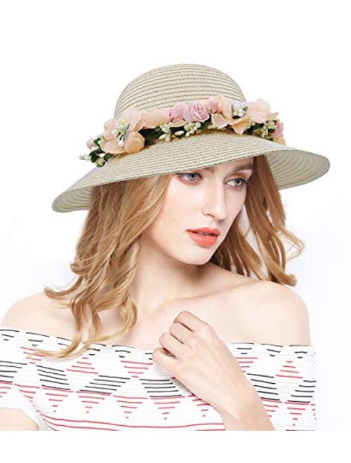 Lovful Fashion Flower Lace Ribbon Wide Brim Caps Summer Beach Sun Protective Hat Straw Hats for Women