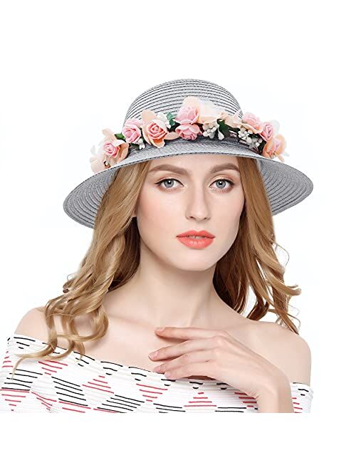 Lovful Fashion Flower Lace Ribbon Wide Brim Caps Summer Beach Sun Protective Hat Straw Hats for Women