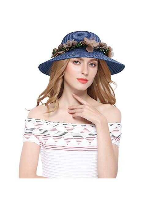 Lovful Fashion Flower Lace Ribbon Wide Brim Caps Summer Beach Sun Protective Hat Straw Hats for Women