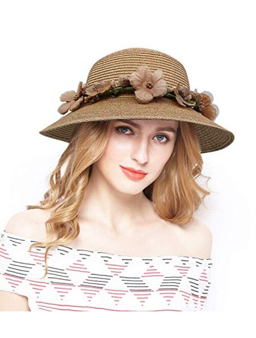 Lovful Fashion Flower Lace Ribbon Wide Brim Caps Summer Beach Sun Protective Hat Straw Hats for Women