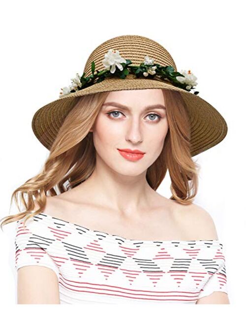 Lovful Flower Ribbon Wide Brim Caps Summer Beach Sun Protective Hats Fedora Straw Hats for Women