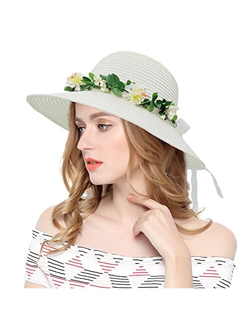 Lovful Flower Ribbon Wide Brim Caps Summer Beach Sun Protective Hats Fedora Straw Hats for Women