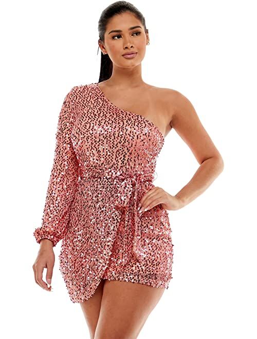 Bebe One Shoulder Sequin Wrap Dress