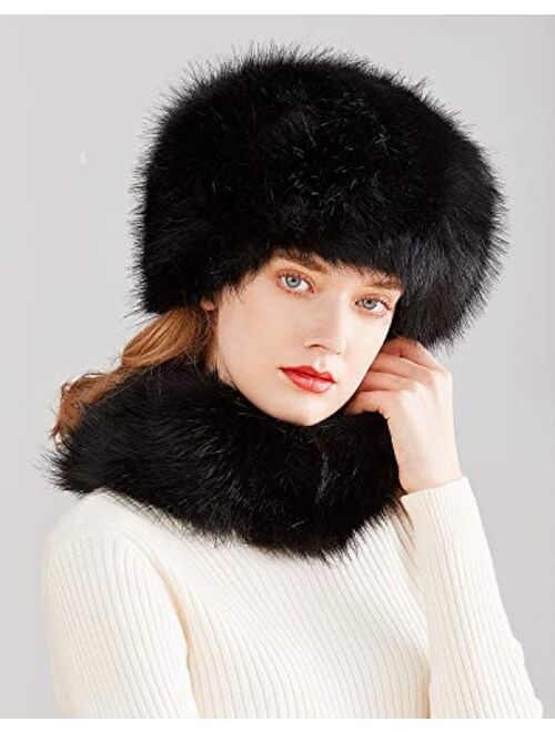 Lovful Faux Fur Women Russian Cossack Style Hat,Scarf Set for Ladies