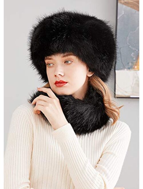 Lovful Faux Fur Women Russian Cossack Style Hat,Scarf Set for Ladies