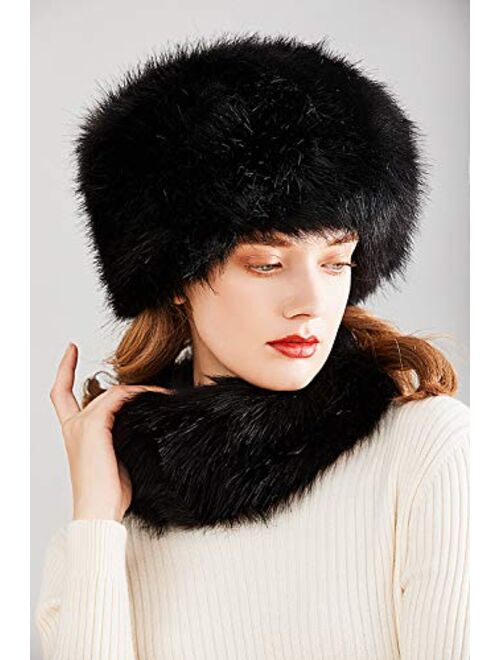 Lovful Faux Fur Women Russian Cossack Style Hat,Scarf Set for Ladies