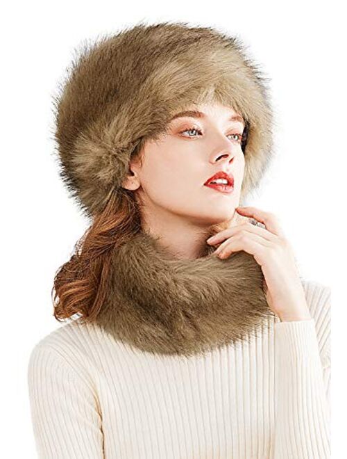 Lovful Faux Fur Women Russian Cossack Style Hat,Scarf Set for Ladies