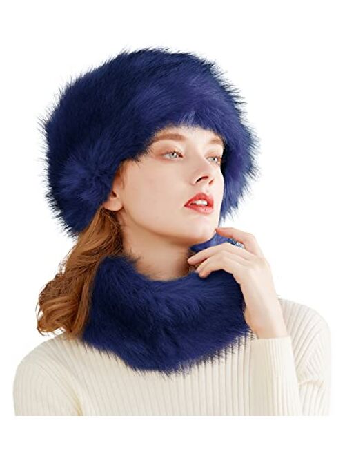 Lovful Faux Fur Women Russian Cossack Style Hat,Scarf Set for Ladies