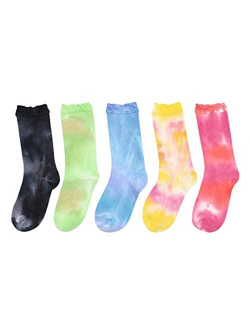 Lovful Tie Dye Slouch Socks, Cotton Crew Socks for Women, Cute Ruffle Frilly Colorful Socks 5 Pairs, Multicolored