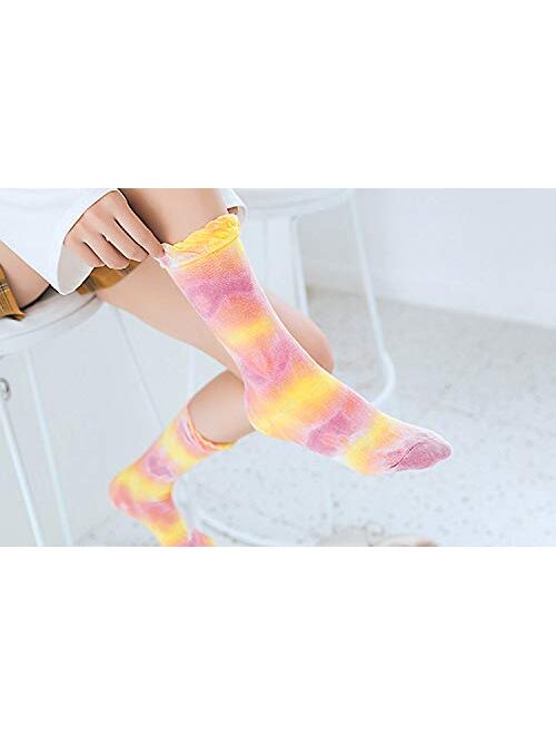 Lovful Tie Dye Slouch Socks, Cotton Crew Socks for Women, Cute Ruffle Frilly Colorful Socks 5 Pairs, Multicolored