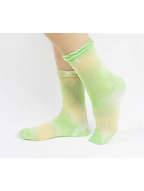 Lovful Tie Dye Slouch Socks, Cotton Crew Socks for Women, Cute Ruffle Frilly Colorful Socks 5 Pairs, Multicolored