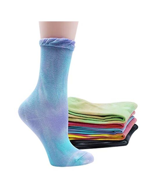 Lovful Tie Dye Slouch Socks, Cotton Crew Socks for Women, Cute Ruffle Frilly Colorful Socks 5 Pairs, Multicolored