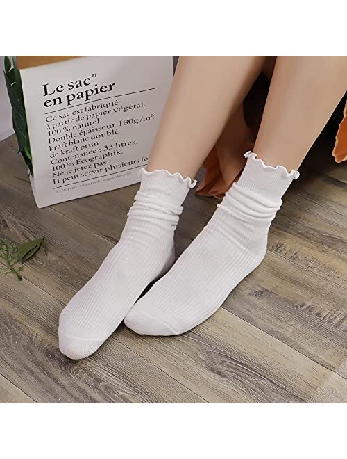 Lovful 5 Pack Ruffle Socks Women, Cute Crew Cotton Socks, Slouchy Boot Frilly Novelty Socks