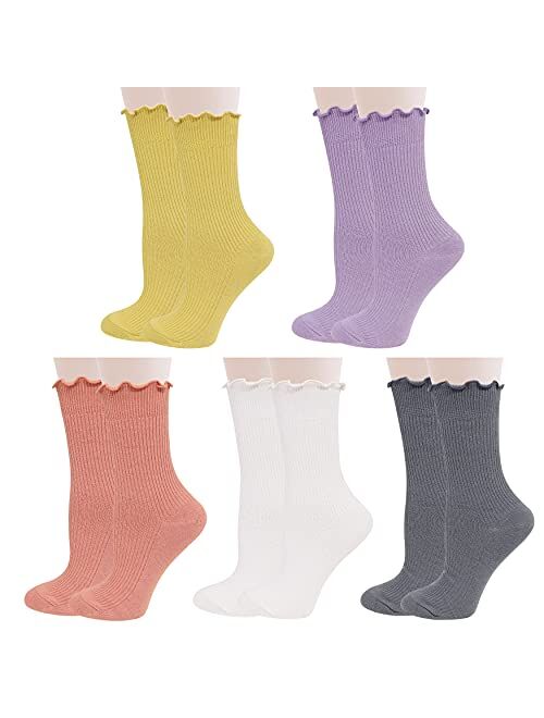 Lovful 5 Pack Ruffle Socks Women, Cute Crew Cotton Socks, Slouchy Boot Frilly Novelty Socks