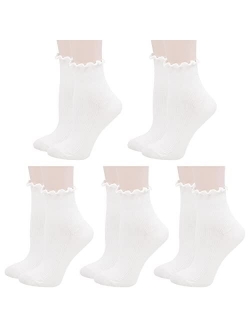 Lovful 5 Pack Ankle Socks for Women, Ruffle Cuff Cotton Crew Socks, Frilly Knit Lettuce Cute Low Cut Socks