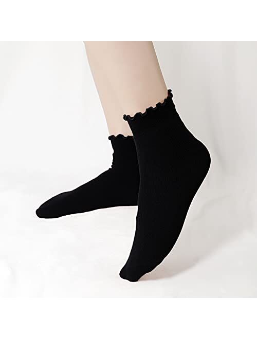 Lovful 5 Pack Ankle Socks for Women, Ruffle Cuff Cotton Crew Socks, Frilly Knit Lettuce Cute Low Cut Socks