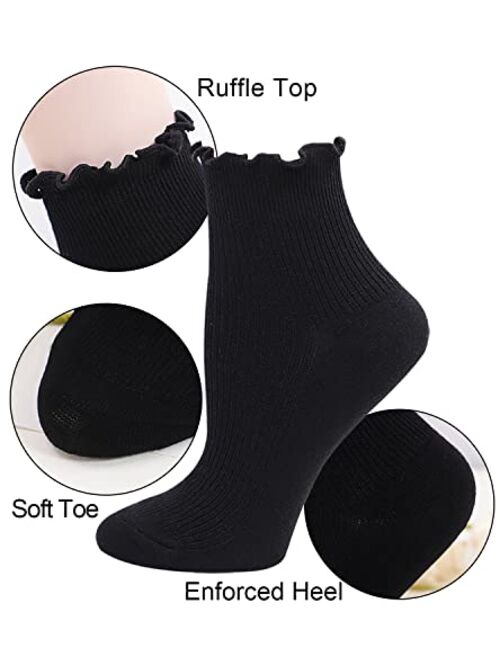 Lovful 5 Pack Ankle Socks for Women, Ruffle Cuff Cotton Crew Socks, Frilly Knit Lettuce Cute Low Cut Socks