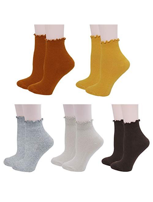 Lovful 5 Pack Ankle Socks for Women, Ruffle Cuff Cotton Crew Socks, Frilly Knit Lettuce Cute Low Cut Socks