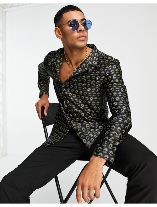 New Look long sleeve satin shirt with revere collar & print in black