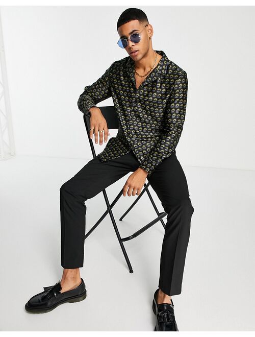 New Look long sleeve satin shirt with revere collar & print in black