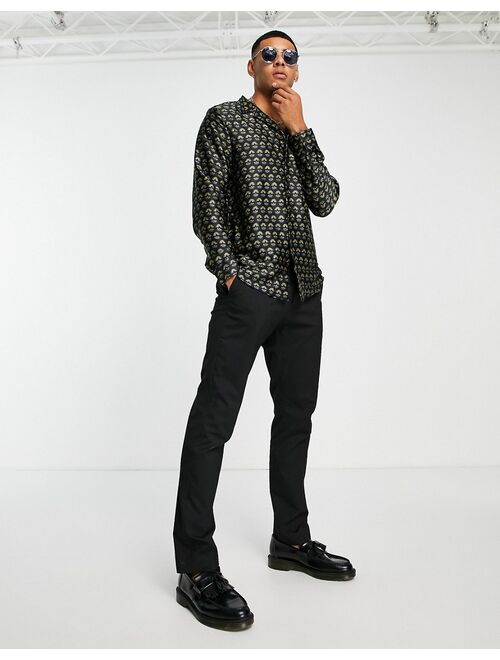 New Look long sleeve satin shirt with revere collar & print in black