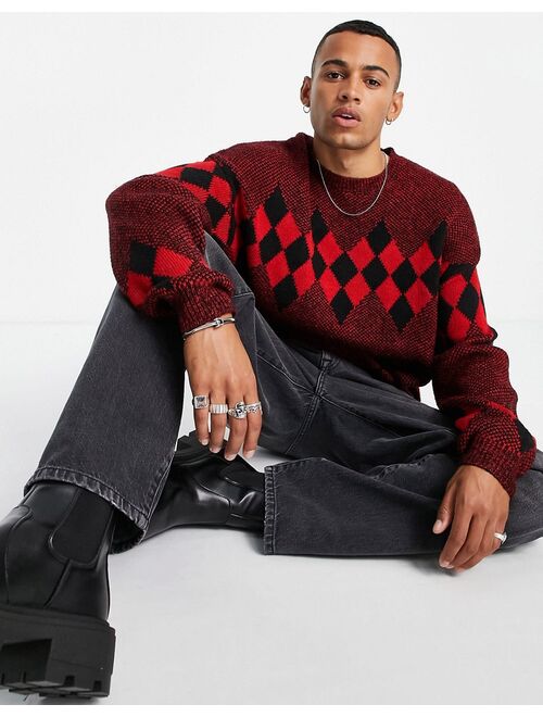 Asos Design oversized Argyle sweater in red