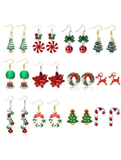 9/12 Pairs Christmas Dangle Earrings Set-Christmas Tree Star Bell Bow Ball Elk Stud Earrings for Women Girls…