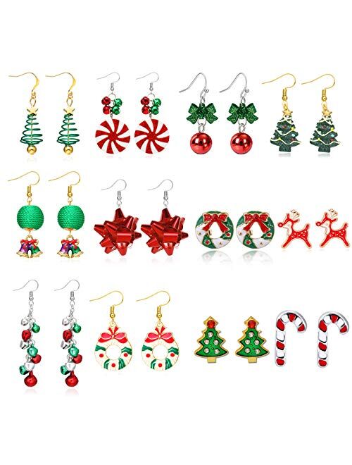 9/12 Pairs Christmas Dangle Earrings Set-Christmas Tree Star Bell Bow Ball Elk Stud Earrings for Women Girls…