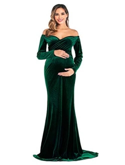 OQC Velvet Maternity Off Shoulder Long Sleeve Fitted Gown Half Circle Maxi Photography Dress for Photo Props Dress