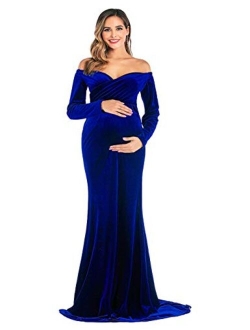 OQC Velvet Maternity Off Shoulder Long Sleeve Fitted Gown Half Circle Maxi Photography Dress for Photo Props Dress