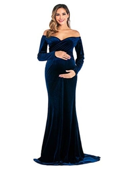 OQC Velvet Maternity Off Shoulder Long Sleeve Fitted Gown Half Circle Maxi Photography Dress for Photo Props Dress