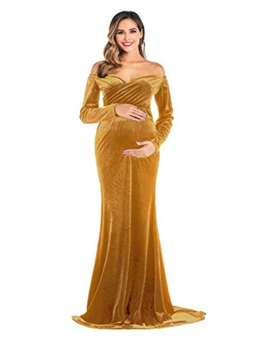 OQC Velvet Maternity Off Shoulder Long Sleeve Fitted Gown Half Circle Maxi Photography Dress for Photo Props Dress