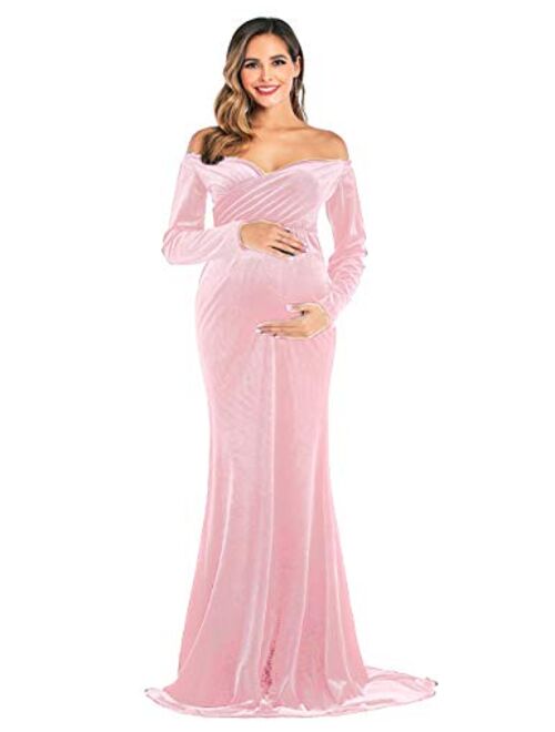 OQC Velvet Maternity Off Shoulder Long Sleeve Fitted Gown Half Circle Maxi Photography Dress for Photo Props Dress