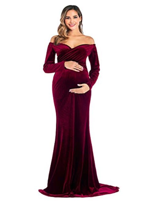 OQC Velvet Maternity Off Shoulder Long Sleeve Fitted Gown Half Circle Maxi Photography Dress for Photo Props Dress