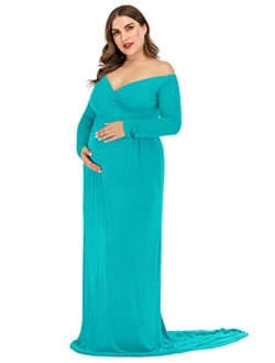 ZIUMUDY Maternity Off Shoulder Half Circle Gown Maxi Photography Dress Baby Shower Photo Props Dress