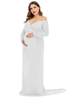 ZIUMUDY Maternity Off Shoulder Half Circle Gown Maxi Photography Dress Baby Shower Photo Props Dress