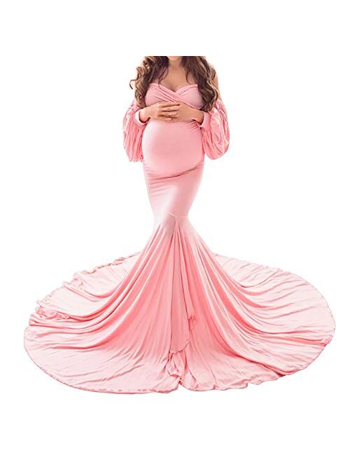 Maternity Dress Off Shoulders Half Circle Long Sleeve High Split Pregnancy Gown for Motherhood Baby Shower Photo Props