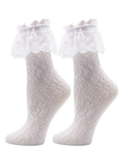 Lovful Women's Lace Anklet Sock with Ruffle, 2 Pairs Set