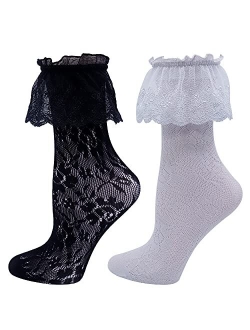 Lovful Women's Lace Anklet Sock with Ruffle, 2 Pairs Set